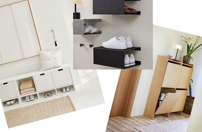 Collage mit Möbel zum Schuhe aufbewahren